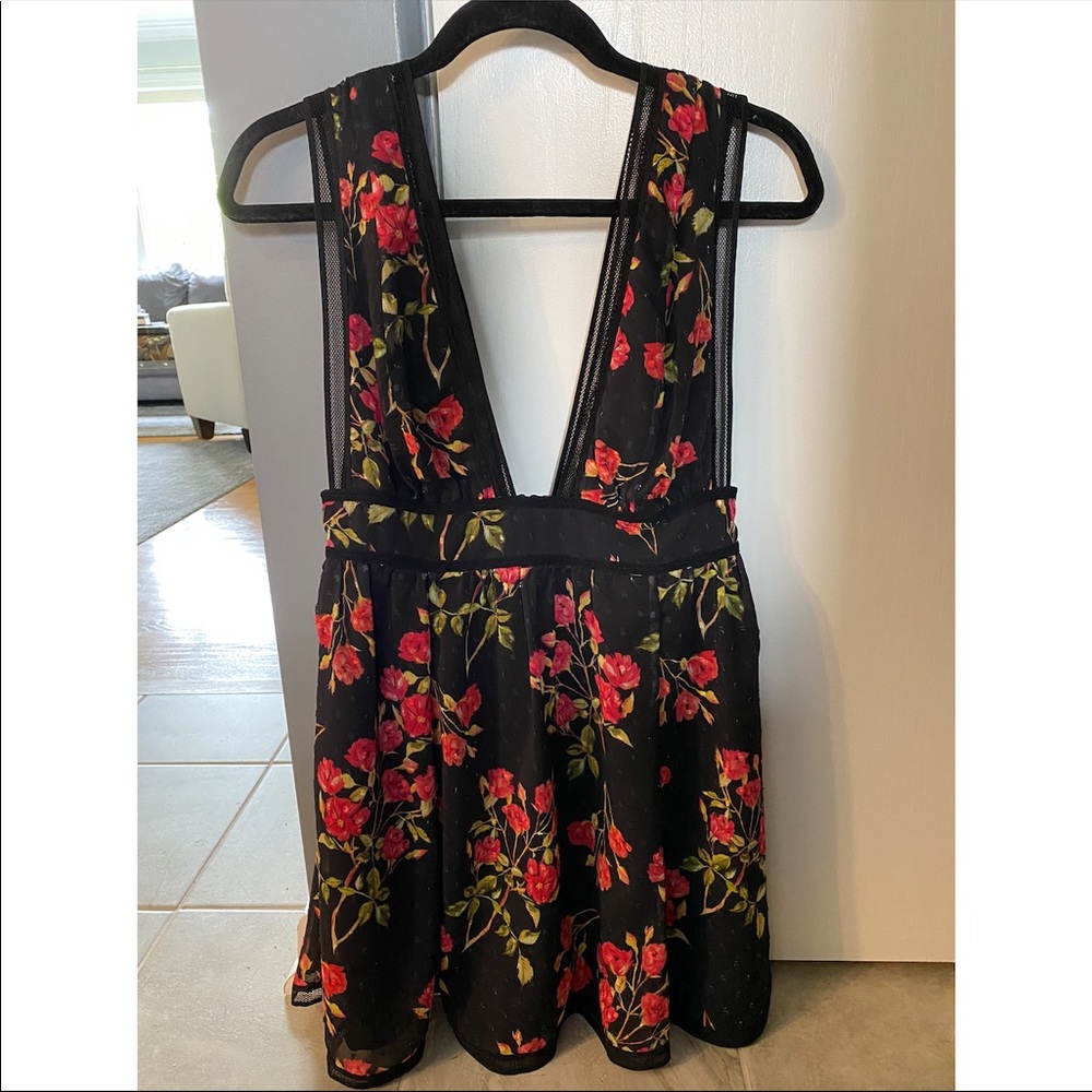 Black deep v neckline mini dress w/ floral print